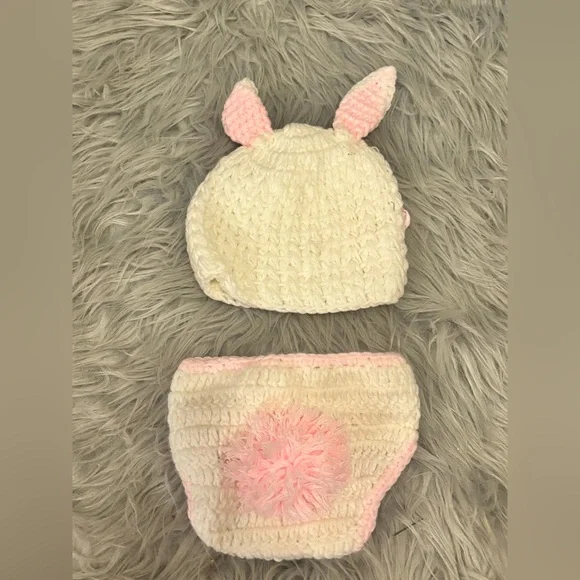 Adorable White and Pink Crochet Baby Hat & Diaper Cover Easter Bunny photo prop - Picture 6 of 6